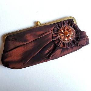 Vintage Satin With Beaded Rosette Clutch With Optional Chain Chocolate Brown